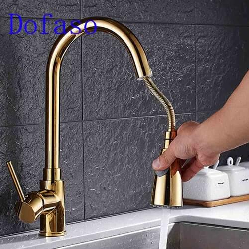 Dofaso copper gold faucets pull out kitchen faucet mixer cold and hot water taps pull down