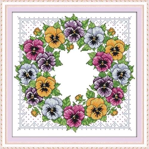 Pansy Wreath Patterns Needlework,DIY DMC Cross Stitch,Sets for Embroidery Kits,Counted Cross-Stitch Set,14CT 11CT Printed Fabric