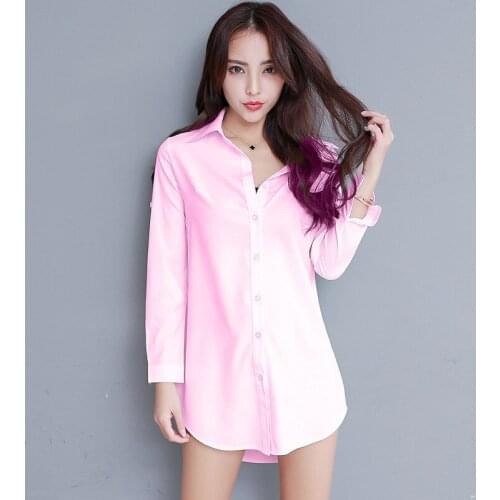 Womens White Shirt New Fashion SpringLapel Mid-length Irregular BF Lose Sexy Solid Color Long-sleeved Chiffon Bottoming Shirts