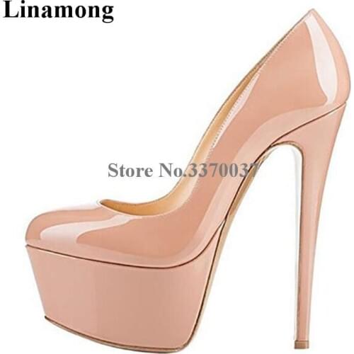 Women Sexy Round Toe High Platform Thin Heel Patent Leather Pumps Nude Black Red Leopard Super High Heels Formal Dress Shoes
