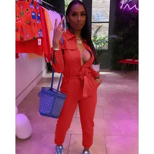 RMSFE 2021 Womens Long Sleeve Lapel Zipper Tooling Fashion Casual Solid Color Belt Jumpsuit