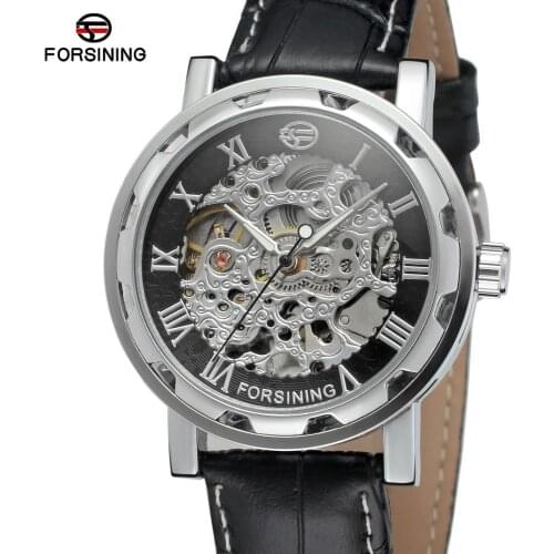 Fashion Winner Black Leather Band Skeleton Mechanical Watch Man Gold Mechanical Wrist Watch Luxury Relogio Masculino