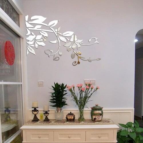 Flower Vine Acrylic Gold Sliver Mirror Stickers TV Background Wall Sticker Bedroom Living Room Decor Home Decoration Accessories