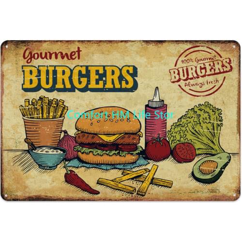 Hamburger Hot Dogs Tin Sign Vintage Fast Food Shop Decor Metal Plaque Metal Wall Painting Restaurant Kitchen Decor Retro Signs