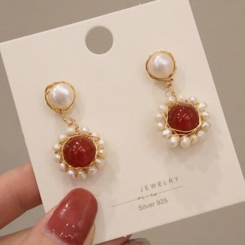 Circle Earrings New Vintage Natural Pearl Earrings Gold Women Jewelry Round