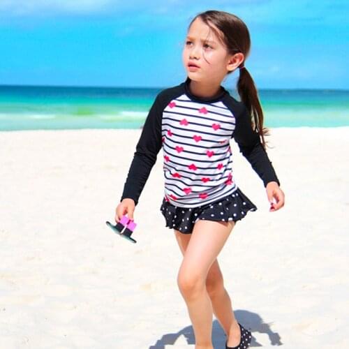 Girls Swimsuit Swimming Suit T-shirt Skirt Children Long Sleeve Two Piece Ruffles Swimwear Toddler Summer Bathing Suit May Child