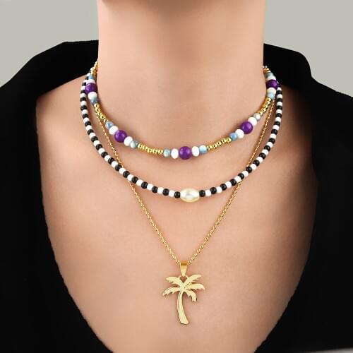 Bohemian Multicolor Layered Necklace Coconut Rice Bead Necklace Women Fashion Jewelry Gold Chain Necklace Valentines Day Gift