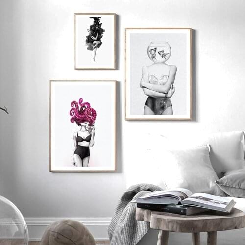 Fashion Ocean Octopus head Woman Poster Abstract Canvas Painting Art Print Black White Art Wall Living Room Modern Home Decor