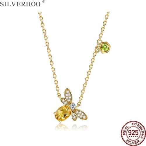 SILVERHOO Women Necklace 925 Sterling Silver Adorable Bee Pendant Necklaces Gold Colors Chain Hot Sale Fine Jewelry Wedding Gift