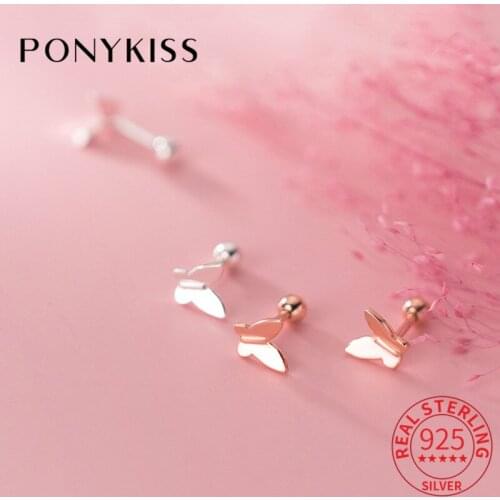 PONYKISS Trendy 925 Sterling Silver Glossy Butterfly spiral Stud Earrings for Lovely Gift Party Delicate Jewelry Cute Accessory