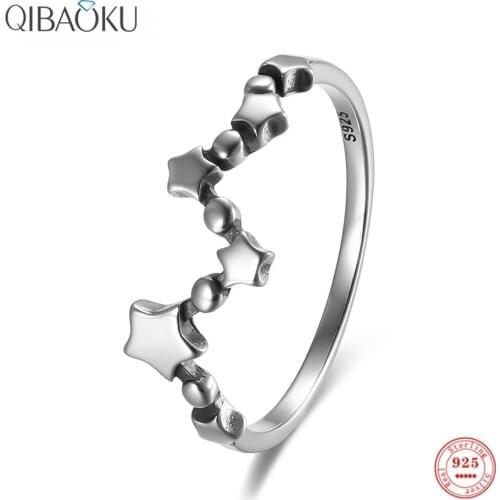 Real 925 Sterling Silver Ring Star Simple Oxidized Silver Finger Ring Thin Stylish Gift Fine Jewelry for Women