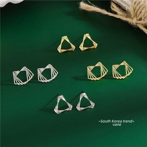 Real 925 Sterling Silver Hollow Geometric Stud Earrings Simple Triangle Square Jewelry for Women Girls