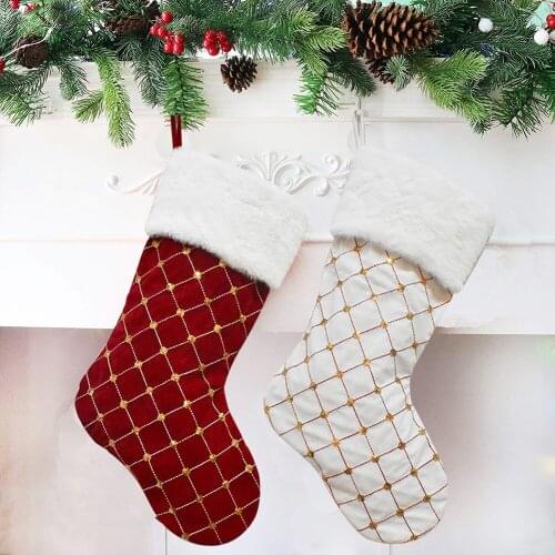 Christmas Stockings Plaid Xmas Sock Gift Candy Bag Christmas Home Decorations Navidad Sock Fireplace Tree Cute Hanging Ornaments