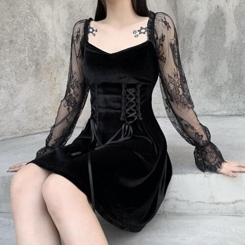 Sexy Autumn And Winter New Lace Stitching Square Collar Long Sleeve Dress Lolita Lace-up Dress
