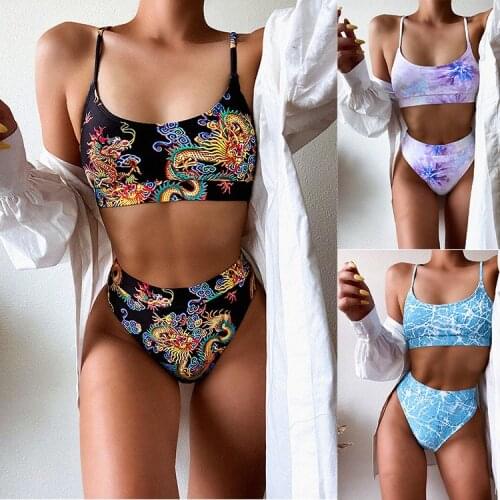 Sexy Black Print Elastic Bikini Set Women High Waist Bandage Bikini Set Swimsuit Triangle Swimwear Bathing Fashion