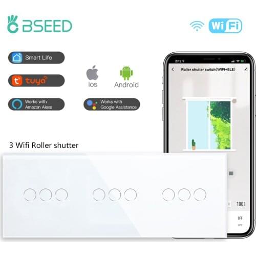 Bseed Touch Wifi Roller Shutter Switches Triple Smart Blind Wall Switches Wireless Crystal Class Smart Life TUYA App Control