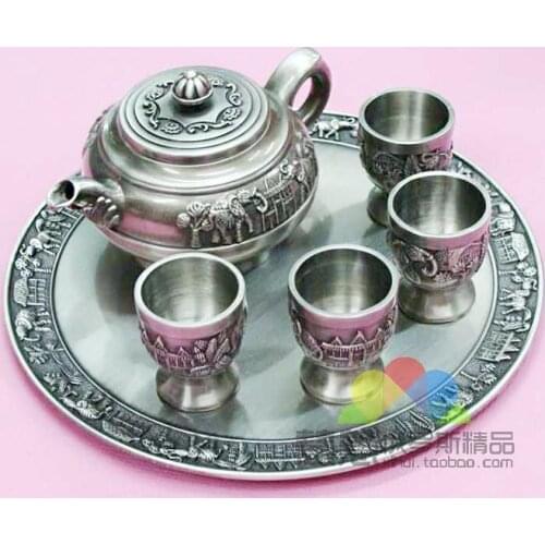 Silver tin tea pot elephant Russian Silver tin teapot tea pot tray + four bowl + 6 times/the elephant