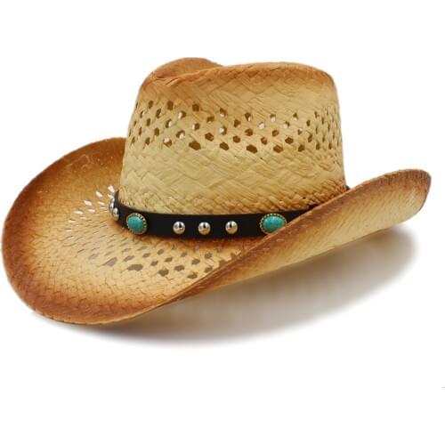 Women Men Western Cowboy Hat With Punk Turquoise Band For Lady Gentleman Beach Sun Sombrero Cowgirl Hat Size 58CM