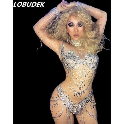 Sparkly Rhine stones Crystals Jumpsuit European Sexy Bar DJ singer DS Costume women Club leading dancer performance stage wear