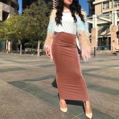 Muslim Pure High Elastic Stirpe Knit Skirt Women Skinny Bodycon Slim Ankle-length Pencil Skirts Dubai Sexy Hip Bottoming Skirts