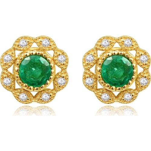 Natural Emerald Gemstone Stud Earring For Women 18k Yellow Gold Zircon Round Cut Green Emerald Earring Birthday Anniversary Gift