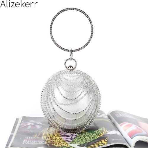 Diamond Circular Evening Clutch Bags Ladies Handmade Rhinestone Ring Handle Tassel Dinner Handbag Female Wedding Party Purse
