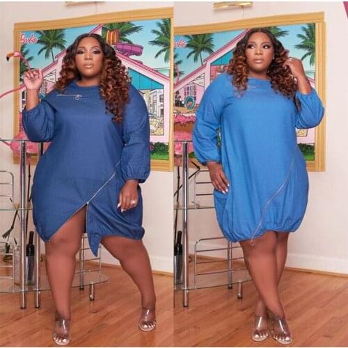 2021 Autumn Casual Women Denim Dresses Plus Size O-neck Full Sleeve Zipper Split Knee-length Light Washed Dress New Arrivals