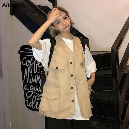 Vests Women Sleeveless Spring Students Safari Tstyle All-match Female Solid Harajuku V-neck Single Breasted Retro Ulzzang Loose