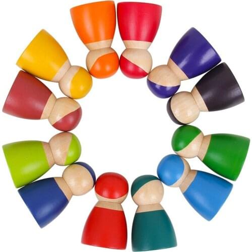 12PCS Baby Toys Rainbow Little Man Wooden Toys Kids Creative Rainbow Building Blocks Montessori Pretend Play Toy Gifts