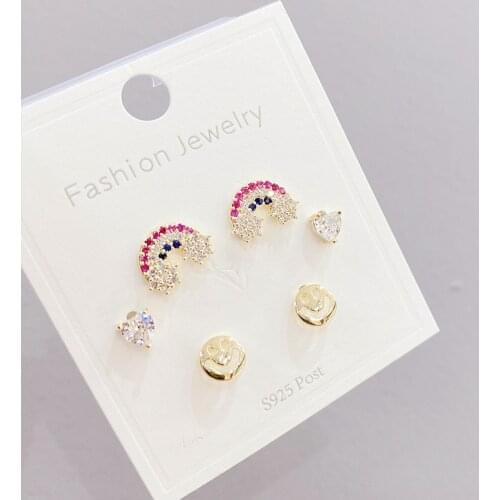 2021 New Arrival 6 Pcs Unique Smile Stud Earrings for Women 14K Gold Plated Jewelry Zircon Rainbow Earrings