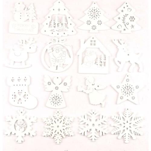 White DIY Wood Chip Christmas Tree Hanging Ornaments Pendant Kids Gifts Snowflake Tree Xmas Ornaments Decorations 5pcs