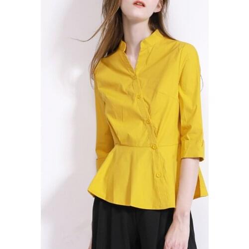 Summer Spring Women 3/4 Sleeve V Neck Ruffles Yellow White Blouse Tops , Female Woman Slim 100% Cotton Ginger Buttons Blouses