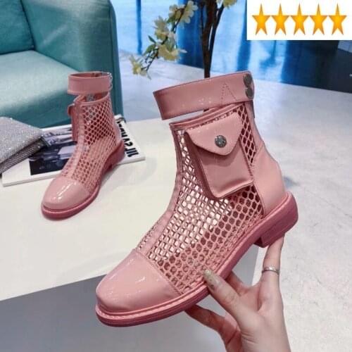Sandal Women Genuine Leather Casual Splice Hollow Out Mesh Zipper Ankle Boots Summer Fashion Pocket Breathable Punk Shoes