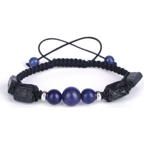 Dark Blue Lapis Lazuli Healing Rough Black Tourmaline Semi Precious Mineral Stone Beads Charm Macrame Bracelet Unisex Women Man