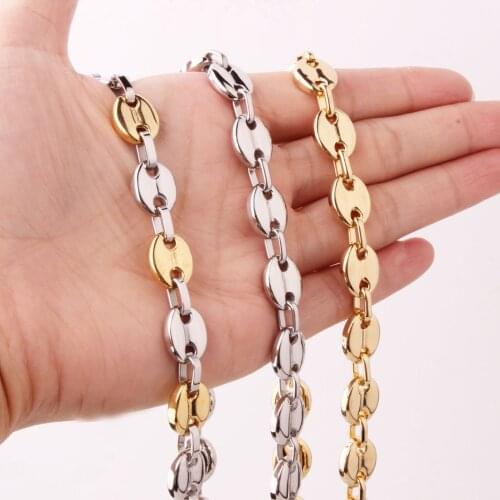 Trendy Men Women 316L Stainless Steel Gold Silvercolor Coffee Bean Beads Chain Necklace Hip Hop Jewelry 7/9/11mm 7-40inch