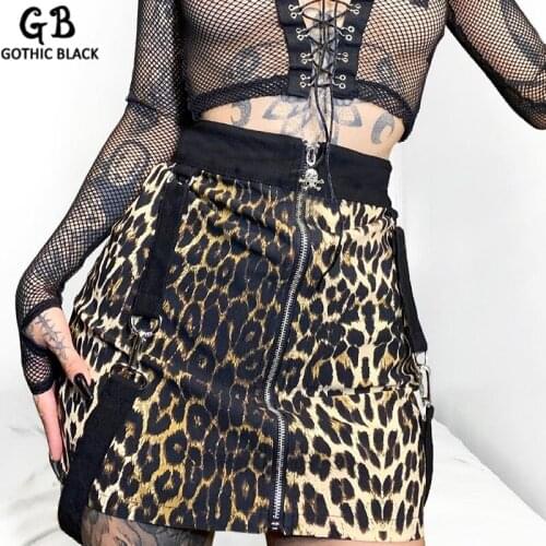 Gothblack Skirt Leopard Skull Zipper Hit Color Sexy High Waist Mini Skirt Summer A Line Personality Streetwear Gothic Clothes