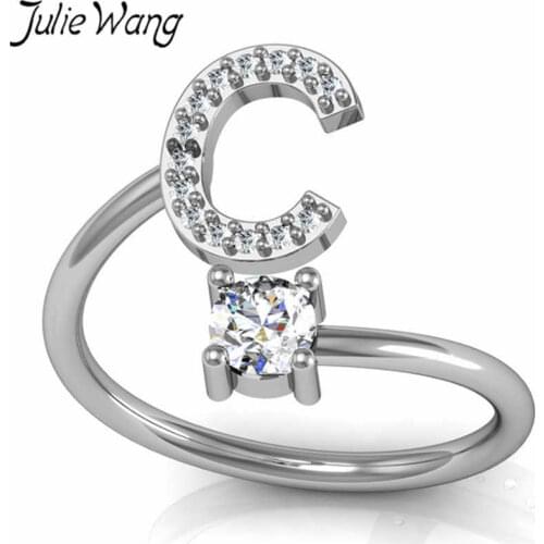 Julie Wang A-Z 26 Letters Women Resizable Rings Copper Rhinestone Ring Women Girl Fashion Party Engagement Finger Jewelry