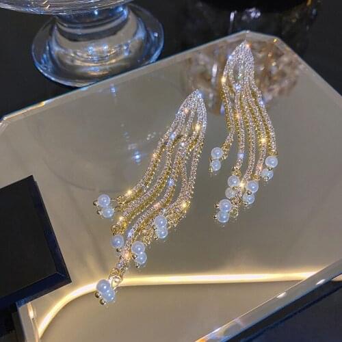 Korean Long Tassels Sweet Pearl Women Drop Earrings Fashion Contracted Senior Fresh Crystal Earrings