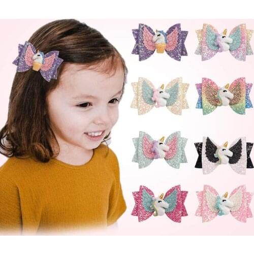 Colorful Sequins Bowknot Cartoon Elks Unicorn Infant Hair Clips Baby Girls Shining Wings Bows Hairpins DIY Kids Accessories