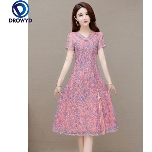 Summer Gauze Short Sleeve Dresses V-Neck A-Line High Waist Slim Floral Print Pink Female Dresses Fancyd Pleate Party Vestidos