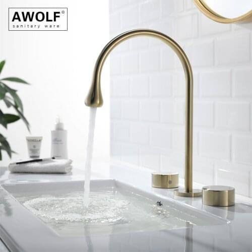 Brushed Gold Bathroom Basin Sink Faucet Solid Brass Matt Black 3 Parts Dual Handle Hot And Cold Mixer Grey Water Tap ML8101