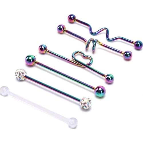 6Pcs/Set Fashion Stainless Steel Industrial Barbell Earrings Heart Arrow Rainbow Ear Cartilage Helix-Conch Piercing Jewelry