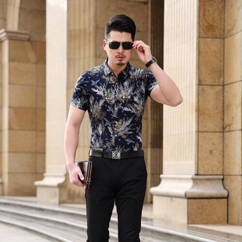 Male Floral Clothes Summer Casual Mens Fashion Stripes Mercerized Cotton Shirt Shorts Sleeved Free Shipping