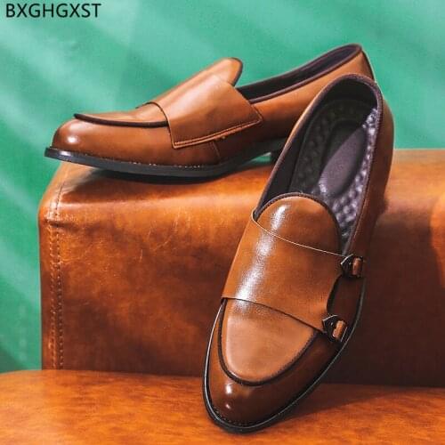 Brown Loafers Shoes Men Black Men Dress Shoes Leather Mens Double Monk Strap Wedding Shoes for Men 2021 Chaussure Homme Zapatos