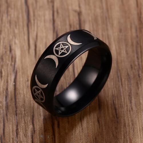 Mens Triple Goddess Pentacle Ring 8MM Stainless Steel Jewelry Engraved Bible Allah Selda DIABETES