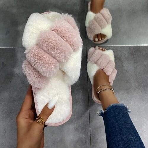 New Style Warm Fluffy Slippers Women Faux Fur Cross Indoor Floor Slides Flat Soft Cosy Shoes Ladies Female Non-Slip House Shoes