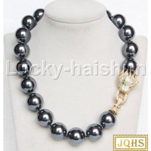 JQHS AAA 18" 20mm peacock black south sea shell pearls necklace leopard clasp j13120