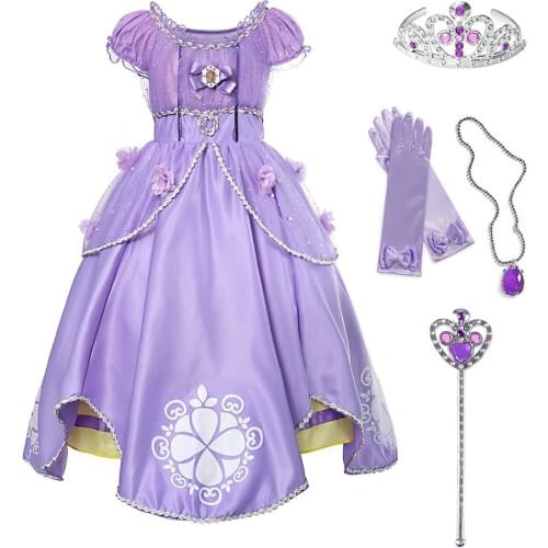 Ankle Length Floral Purple Maxi Dress for Girls Princess Sofia Cosplay Costume Birthday Party Role Play Sofia the First Dress up