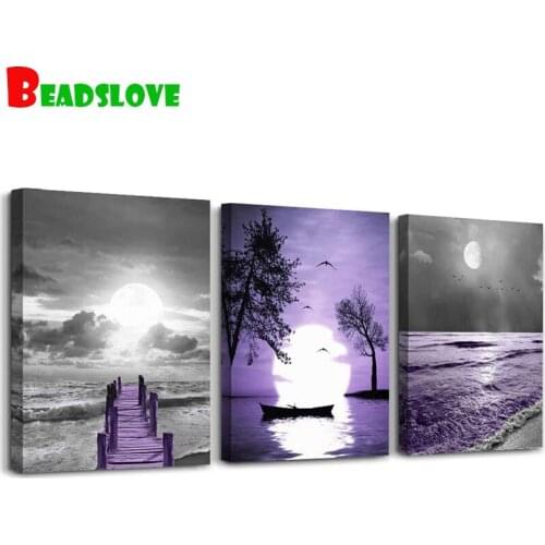Full round diamond painting Black and White Ocean Purple Landscape mosaic diamond painting cross stitch kit room decoration gift