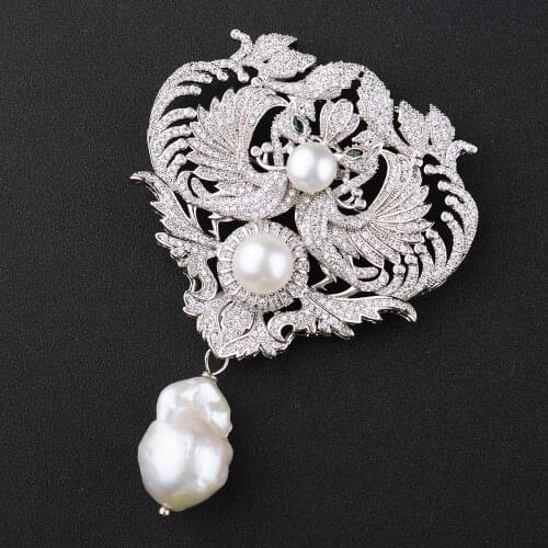 Silver Color CZ micro pave Double phoenix charm White Keshi Pearl Brooch